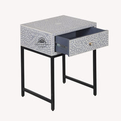 Bone Inlay 1 Drawer Bedside Table – Grey Floral
