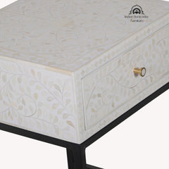 Bone Inlay 1 Drawer Bedside Table – White Floral