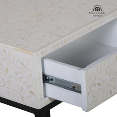 Bone Inlay 1 Drawer Bedside Table – White Floral