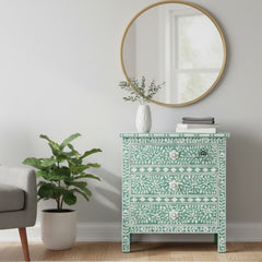 Bone Inlay Large 3 Drawer Bedside – Sage Green Floral