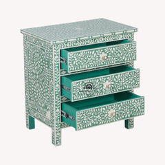 Bone Inlay Large 3 Drawer Bedside – Sage Green Floral