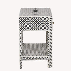 Bone Inlay LARGE 1 Drawer Bedside Table with Shelf – Black Geometric