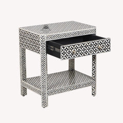 Bone Inlay LARGE 1 Drawer Bedside Table with Shelf – Black Geometric