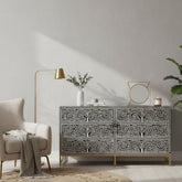 Bone Inlay Buffet 6 Drawer Chest of Drawers – Black Floral Scroll