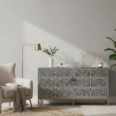 Bone Inlay Buffet 6 Drawer Chest of Drawers – Black Floral Scroll
