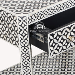 Bone Inlay LARGE 1 Drawer Bedside Table with Shelf – Black Geometric
