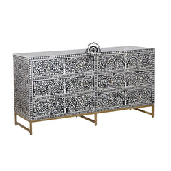 Bone Inlay Buffet 6 Drawer Chest of Drawers – Black Floral Scroll