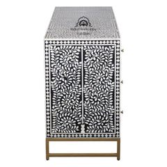 Bone Inlay Buffet 6 Drawer Chest of Drawers – Black Floral Scroll