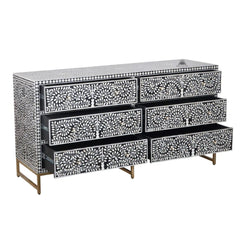 Bone Inlay Buffet 6 Drawer Chest of Drawers – Black Floral Scroll