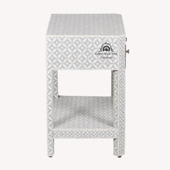 Bone Inlay LARGE 1 Drawer Bedside Table with Shelf – Grey Geometric