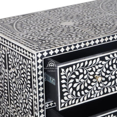 Bone Inlay Buffet 6 Drawer Chest of Drawers – Black Floral Scroll