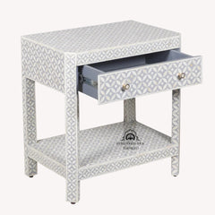 Bone Inlay LARGE 1 Drawer Bedside Table with Shelf – Grey Geometric
