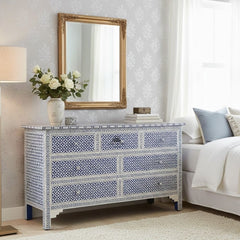 Bone Inlay 7 Drawer Chest of Drawers – Indigo Blue Geometric