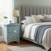 Bone Inlay Bedside Table with 2 Drawers – Turquoise Floral