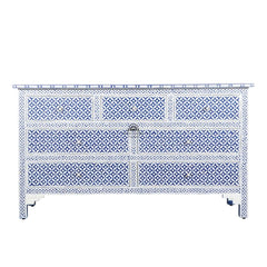 Bone Inlay 7 Drawer Chest of Drawers – Indigo Blue Geometric