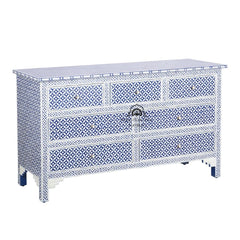Bone Inlay 7 Drawer Chest of Drawers – Indigo Blue Geometric