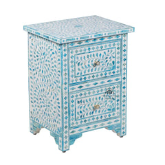 Bone Inlay Bedside Table with 2 Drawers – Turquoise Floral