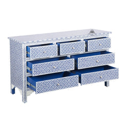 Bone Inlay 7 Drawer Chest of Drawers – Indigo Blue Geometric