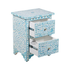 Bone Inlay Bedside Table with 2 Drawers – Turquoise Floral