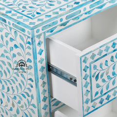 Bone Inlay Bedside Table with 2 Drawers – Turquoise Floral