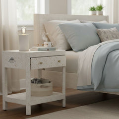 Bone Inlay Large 1 Drawer Bedside Table with Shelf – White Geometric