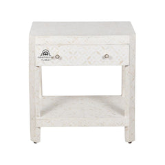 Bone Inlay Large 1 Drawer Bedside Table with Shelf – White Geometric