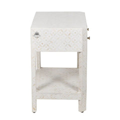 Bone Inlay Large 1 Drawer Bedside Table with Shelf – White Geometric