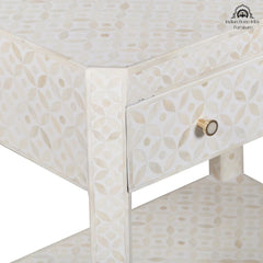 Bone Inlay Large 1 Drawer Bedside Table with Shelf – White Geometric