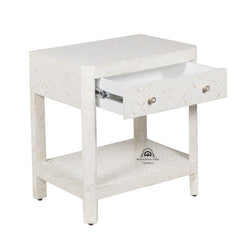 Bone Inlay Large 1 Drawer Bedside Table with Shelf – White Geometric