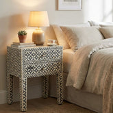 Bone Inlay Bedside Table with 2 Drawers – Grey Geometric