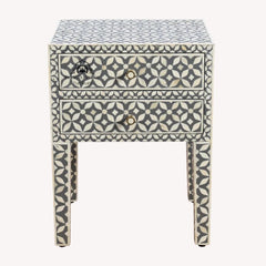 Bone Inlay Bedside Table with 2 Drawers – Grey Geometric