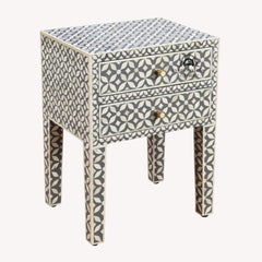 Bone Inlay Bedside Table with 2 Drawers – Grey Geometric