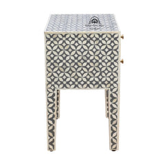 Bone Inlay Bedside Table with 2 Drawers – Grey Geometric