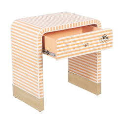 Bone Inlay Curved Waterfall (Large) Bedside Table with 1 Drawer – Apricot