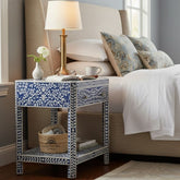 Bone Inlay Large 1 Drawer Bedside Table or Side Table with Shelf – Indigo Blue Floral