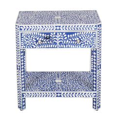 Bone Inlay Large 1 Drawer Bedside Table or Side Table with Shelf – Indigo Blue Floral