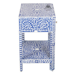 Bone Inlay Large 1 Drawer Bedside Table or Side Table with Shelf – Indigo Blue Floral