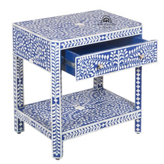 Bone Inlay Large 1 Drawer Bedside Table or Side Table with Shelf – Indigo Blue Floral
