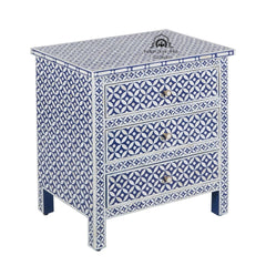 Bone Inlay Large 3 Drawer Bedside – Geometric Indigo Blue