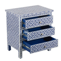 Bone Inlay Large 3 Drawer Bedside – Geometric Indigo Blue