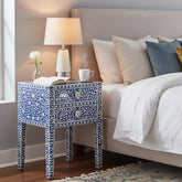 Bone Inlay Bedside Table with 2 Drawers – Indigo Blue Floral