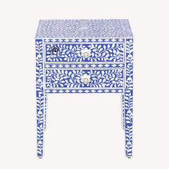 Bone Inlay Bedside Table with 2 Drawers – Indigo Blue Floral
