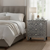 Bone Inlay Large 3 Drawer Bedside Table – Navy Blue Floral