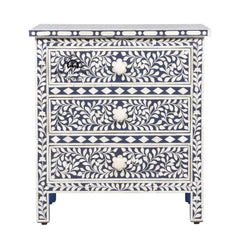Bone Inlay Large 3 Drawer Bedside Table – Navy Blue Floral