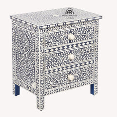 Bone Inlay Large 3 Drawer Bedside Table – Navy Blue Floral