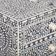 Bone Inlay Large 3 Drawer Bedside Table – Navy Blue Floral