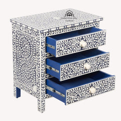 Bone Inlay Large 3 Drawer Bedside Table – Navy Blue Floral