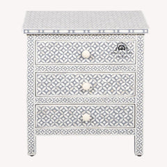 Bone Inlay Large 3 Drawer Bedside Table – Dark Grey Geometric