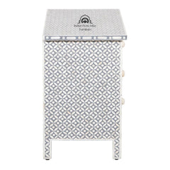 Bone Inlay Large 3 Drawer Bedside Table – Dark Grey Geometric