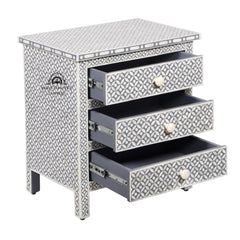 Bone Inlay Large 3 Drawer Bedside Table – Dark Grey Geometric